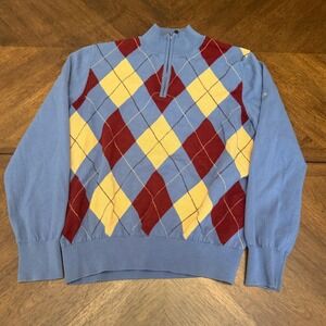 Fairway & Greene Mens Argyle Quarter Zip Sweater Blue Italian Merino Wool M